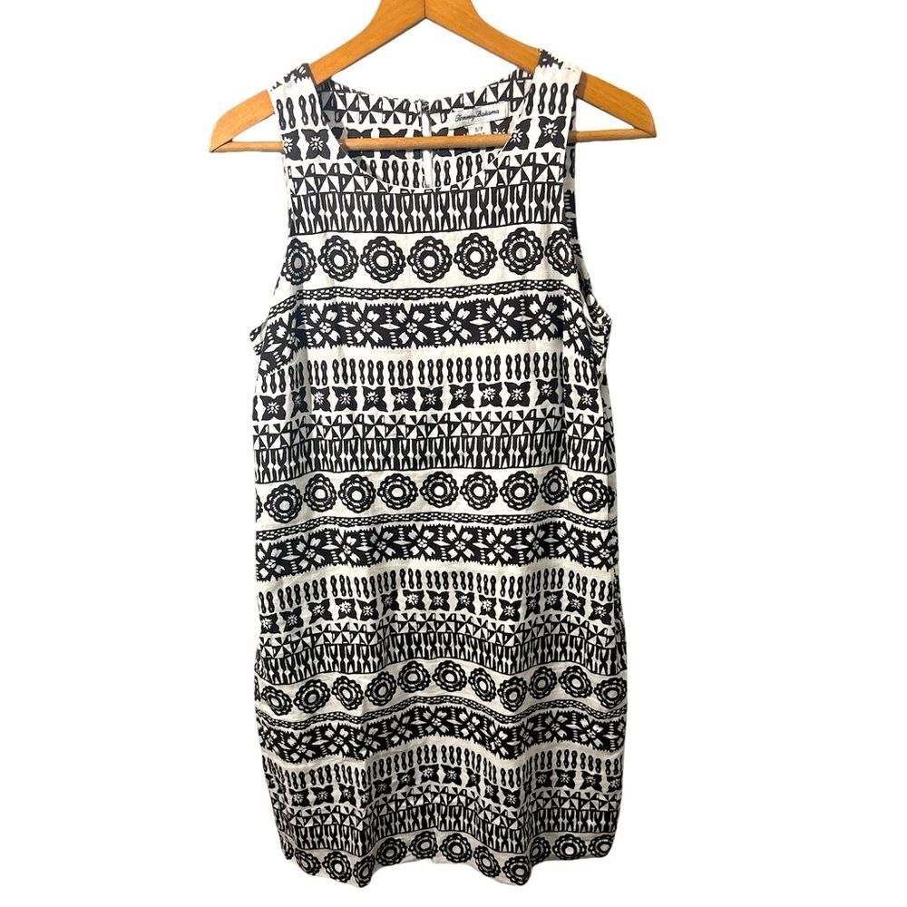 Tommy Bahama Linen Dress Womens Size Small Brown White Aztec Sheath Travel